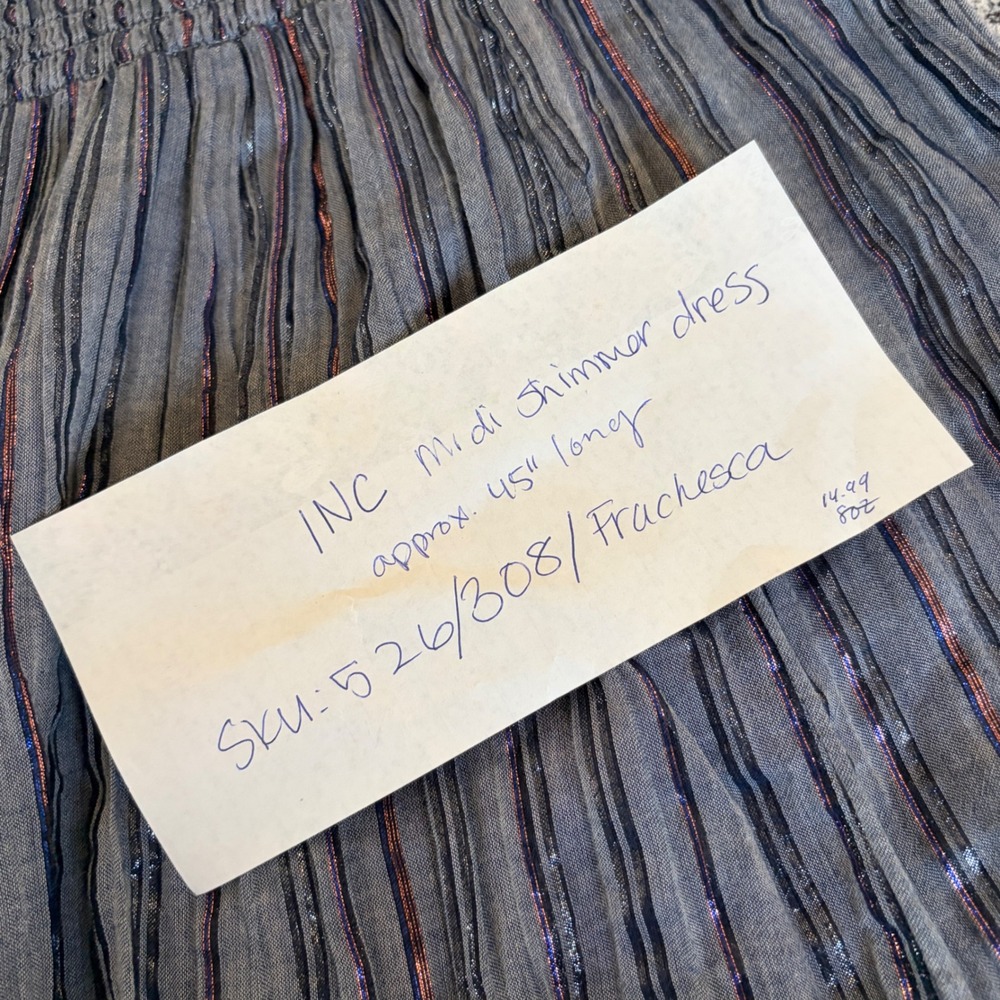 INC Midi Shimmer Dress‎ Womens Blue Purple Striped Smocked Waist Metallic Slit - Picture 9 of 11